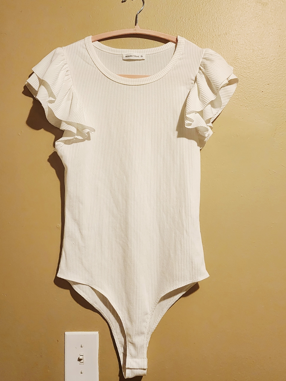 Wasabi+ Mint White Ribbed One-Piece Bodysuit with Ruffle Sleeves